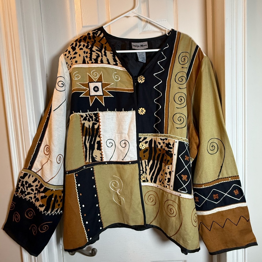 Vintage Indigo Moon Artistic Patchwork Blazer - Black Tan & Cream Abstract Vibe